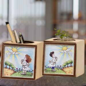 cubo di legno decorato con vasetto ko-dama comunione
