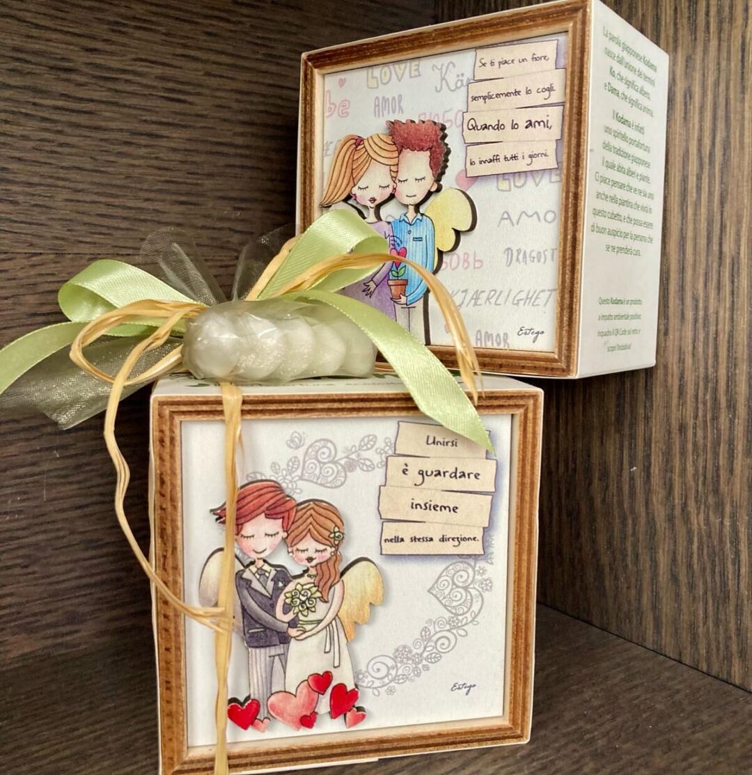 cubo di legno decorato con vasetto ko-dama matrimonio