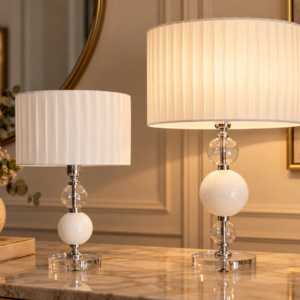 lampada da tavolo in cristallo crema paralume plissettato (2 misure)